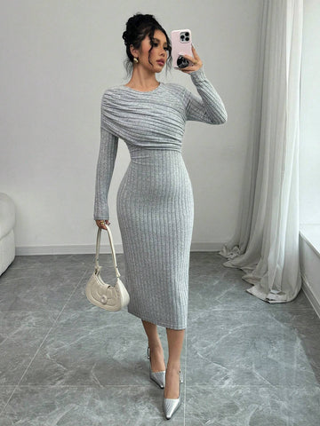 Solid Color Ruched Front Casual Everyday Dress, Minimalist & Fashionable