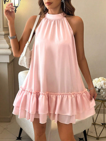Solid Color Ruffle Hem Sleeveless Dress