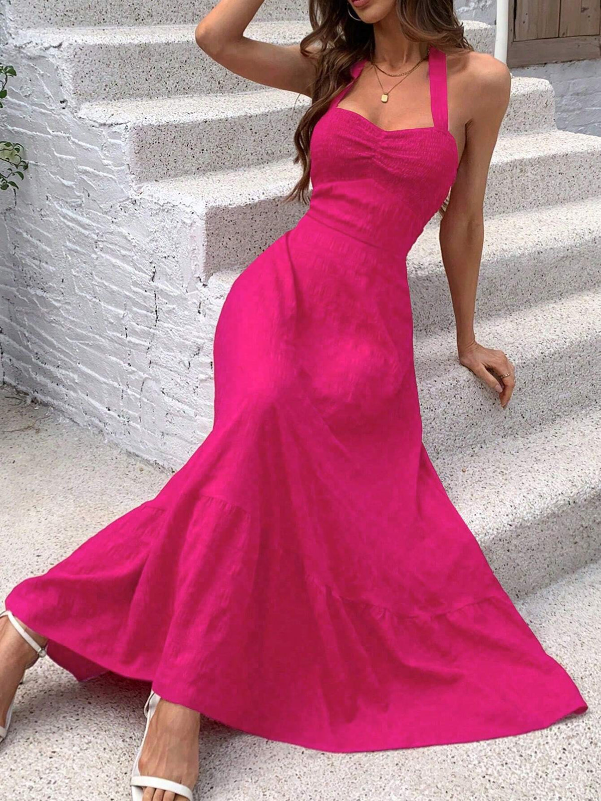 Solid Color Ruffle Trim Halter Neckline Pleated Bust And Hemline Swing Dress