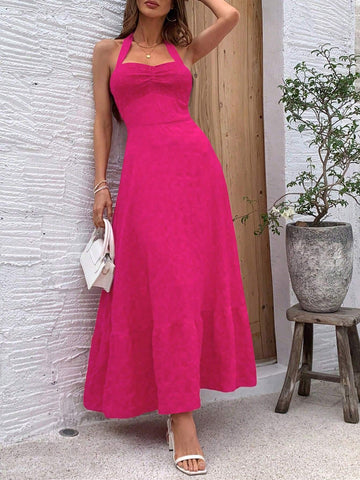Solid Color Ruffle Trim Halter Neckline Pleated Bust And Hemline Swing Dress