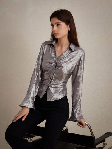Privé Solid Color Shiny Metallic Gloss Women's Shirt With Flared Sleeves