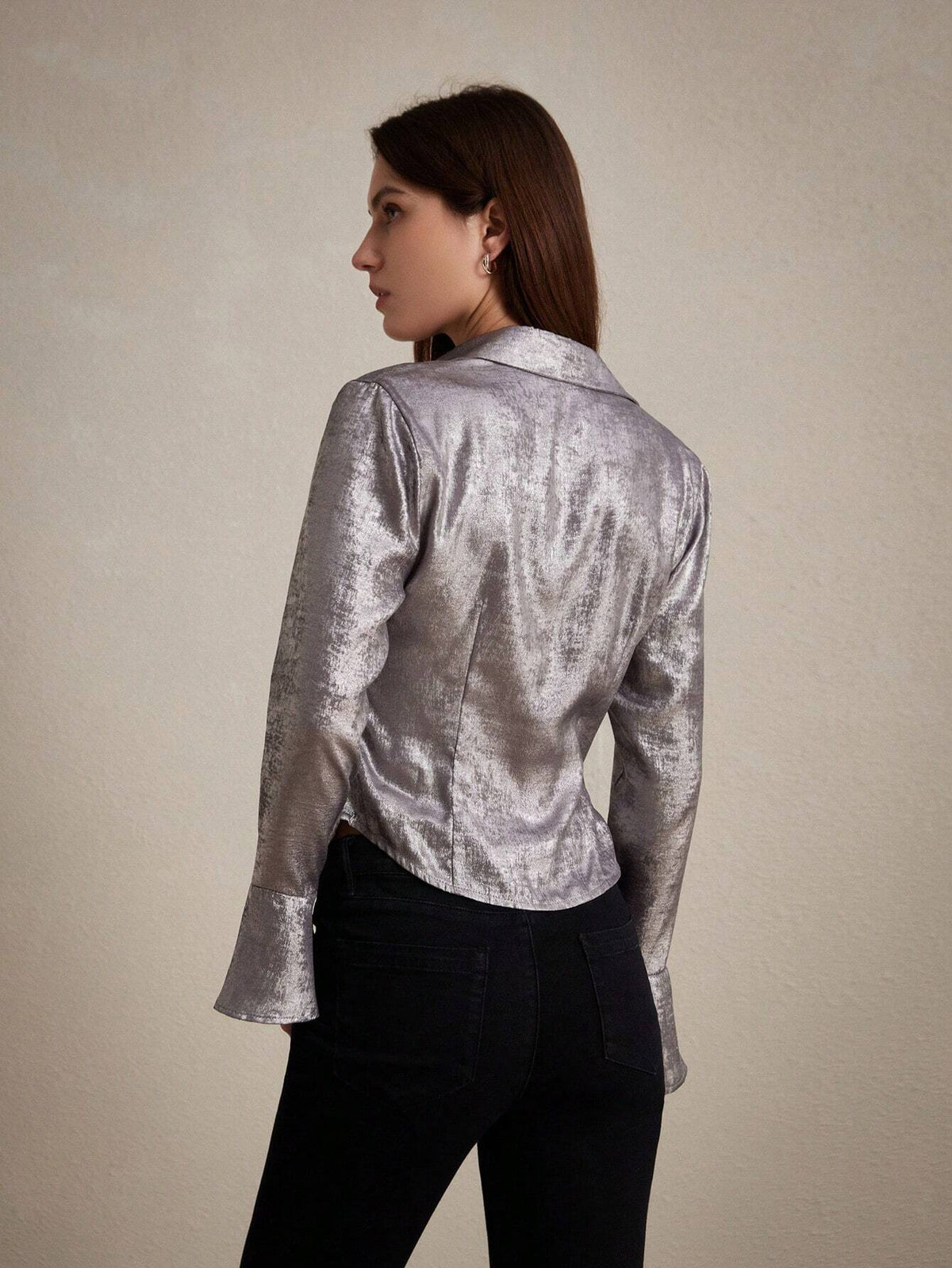 Privé Solid Color Shiny Metallic Gloss Women's Shirt With Flared Sleeves