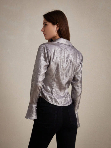 Privé Solid Color Shiny Metallic Gloss Women's Shirt With Flared Sleeves