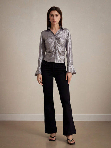 Privé Solid Color Shiny Metallic Gloss Women's Shirt With Flared Sleeves