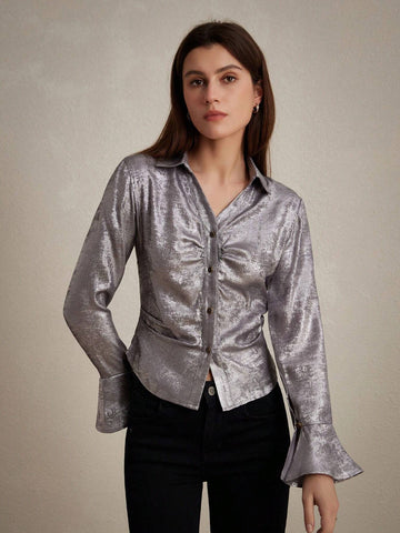 Privé Solid Color Shiny Metallic Gloss Women's Shirt With Flared Sleeves