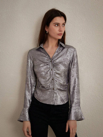 Privé Solid Color Shiny Metallic Gloss Women's Shirt With Flared Sleeves