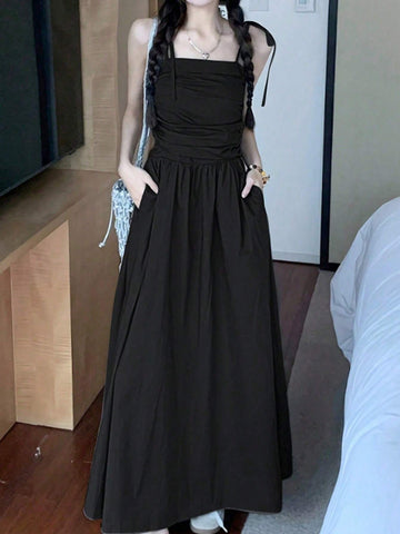 Solid Color Simple Casual Summer Maxi Dress With Pockets