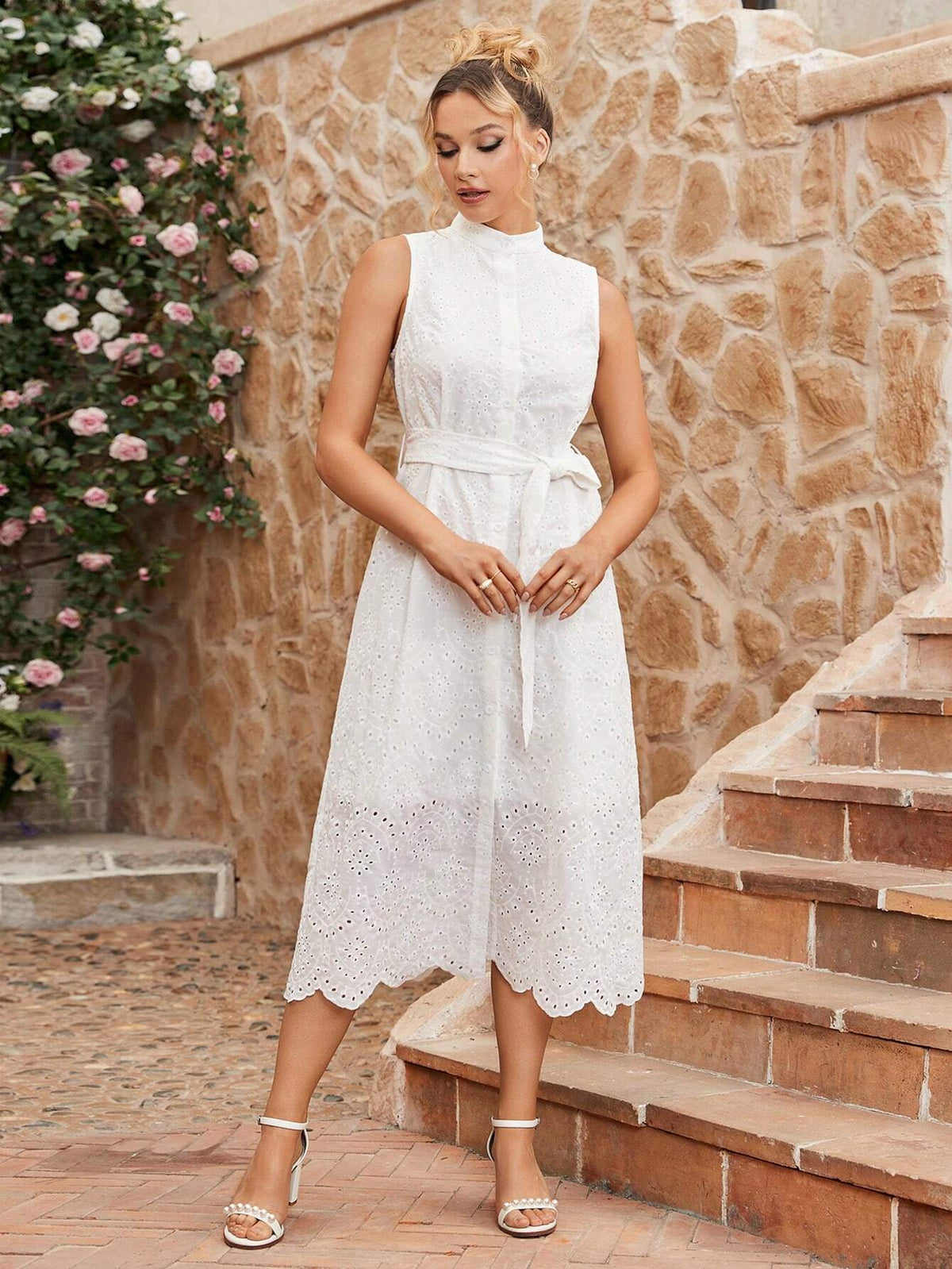 Solid Color Sleeveless Hollow Out Embroidery Dress With Elegant Style