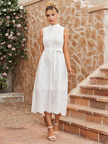 Solid Color Sleeveless Hollow Out Embroidery Dress With Elegant Style
