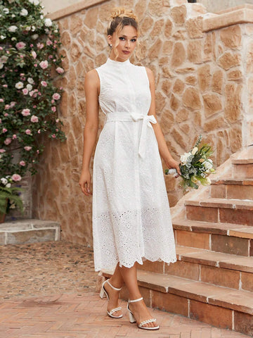Solid Color Sleeveless Hollow Out Embroidery Dress With Elegant Style