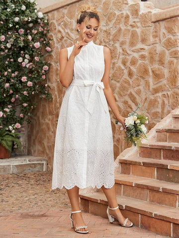 Solid Color Sleeveless Hollow Out Embroidery Dress With Elegant Style