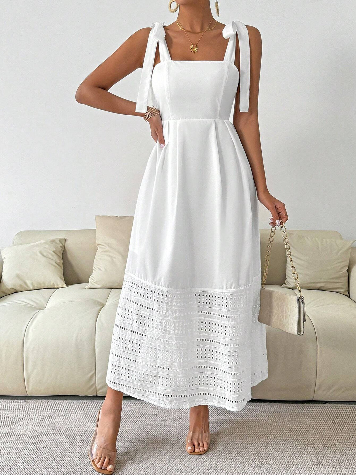 Solid Color Splicing Hollow Out Embroidery Sleeveless Dress