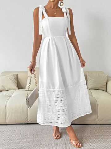 Solid Color Splicing Hollow Out Embroidery Sleeveless Dress