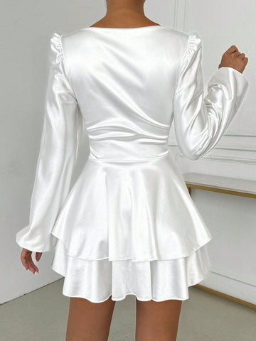 Solid Color Square Neck Long Sleeve Casual Short Dress