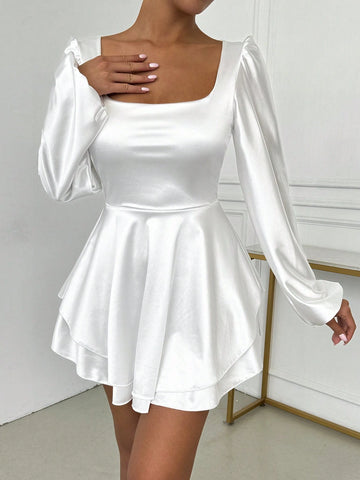 Solid Color Square Neck Long Sleeve Casual Short Dress