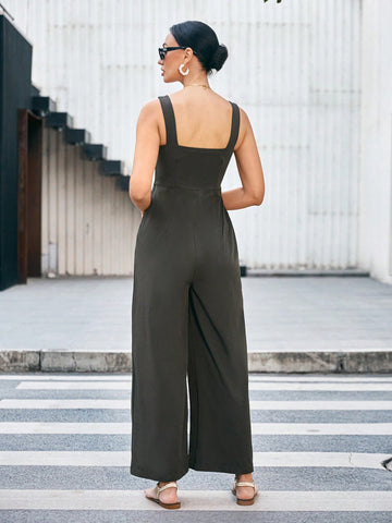 Solid Color Square Neck Loose Wide Leg Jumpsuit