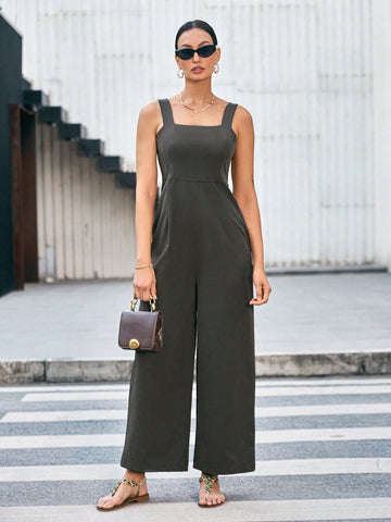 Solid Color Square Neck Loose Wide Leg Jumpsuit