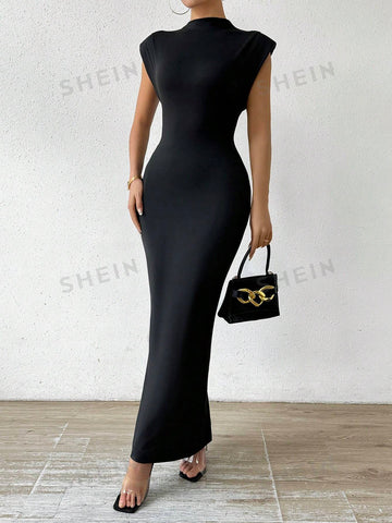 Solid Color Stand Collar Padded Shoulder Bodycon Dress