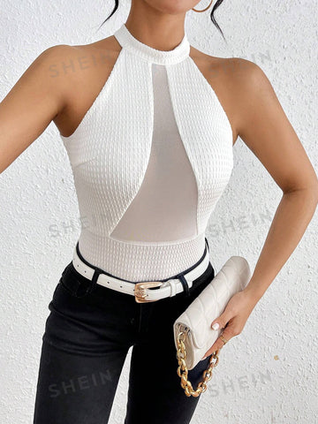 Solid Color Stand Collar Patchwork Textured Fabric Sleeveless Bodysuit