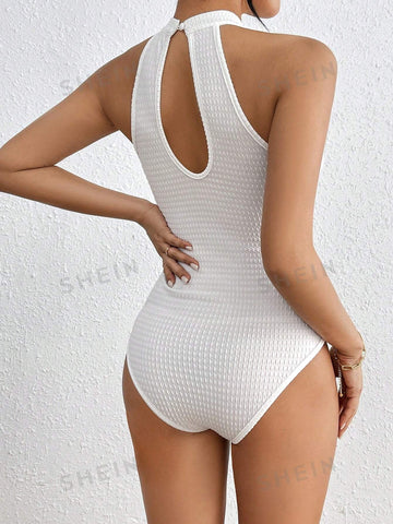 Solid Color Stand Collar Patchwork Textured Fabric Sleeveless Bodysuit