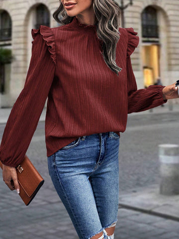 Privé Solid Color Stand Collar Ruffle Trim Casual All-Match Long Sleeve Blouse/Shirt