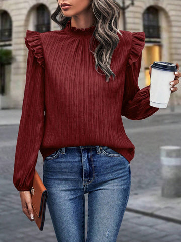 Privé Solid Color Stand Collar Ruffle Trim Casual All-Match Long Sleeve Blouse/Shirt