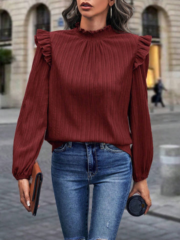 Privé Solid Color Stand Collar Ruffle Trim Casual All-Match Long Sleeve Blouse/Shirt