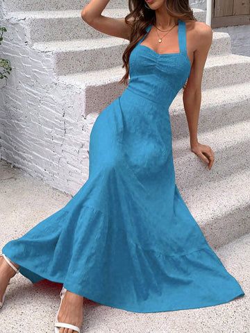 Solid Color Strapless Ruched Neckline Maxi Dress