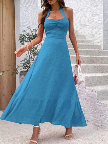 Solid Color Strapless Ruched Neckline Maxi Dress