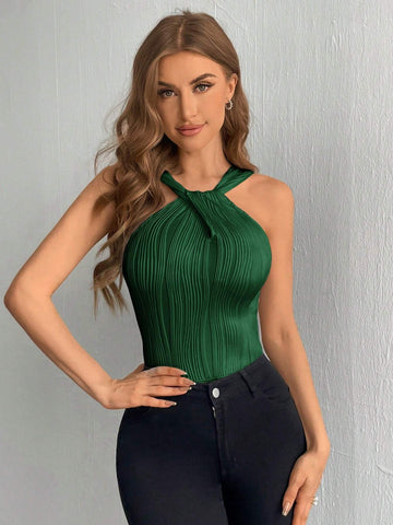 Solid Color Summer Bodycon Textured Backless Bodysuit