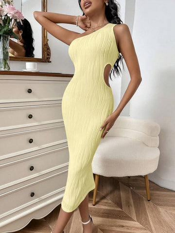 Solid Color Textured Hollow Out Shoulder Bag Hip Dress