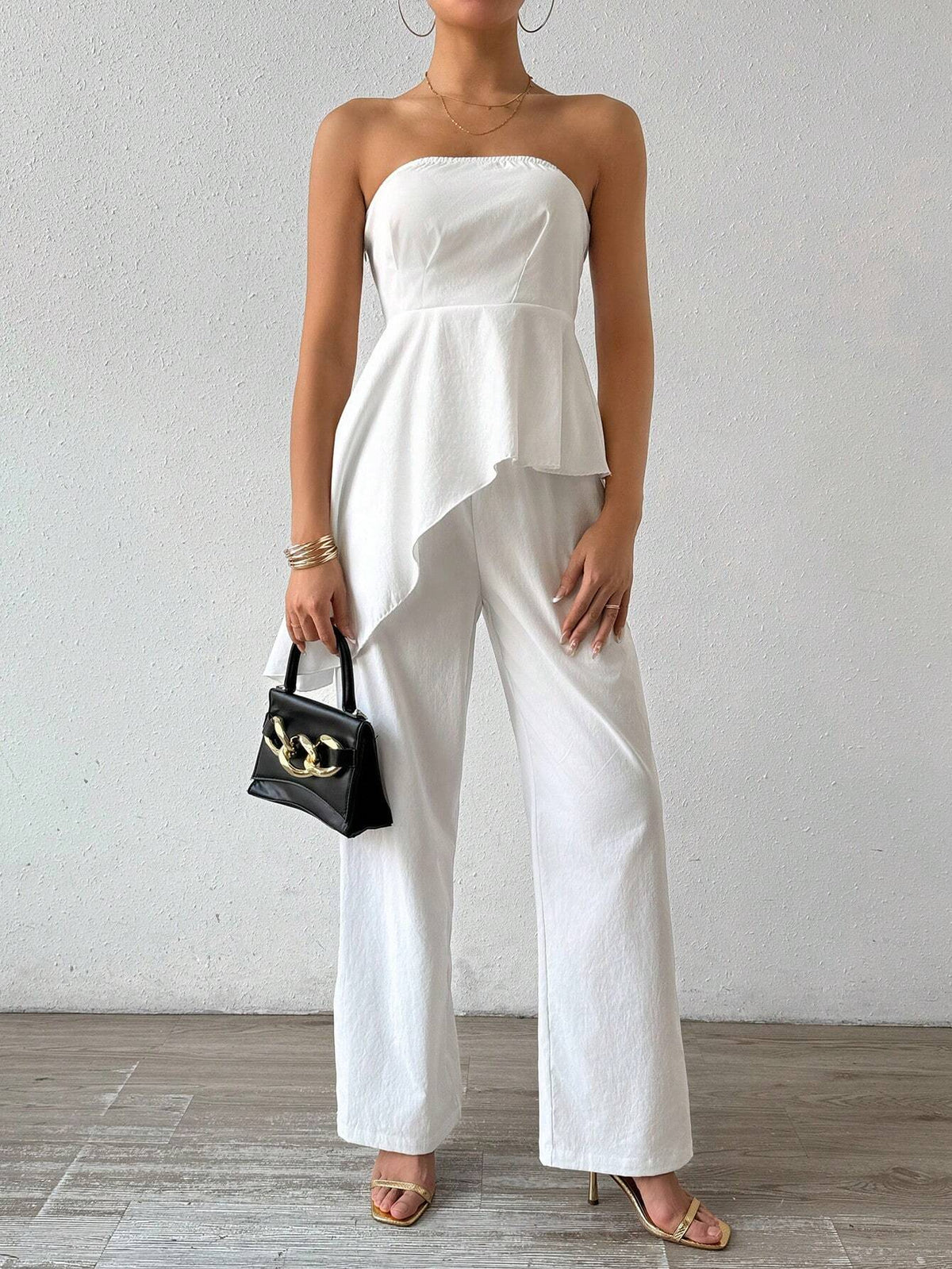 Solid Color Tube Top With Gathered Waistline And Straight-Leg Pants