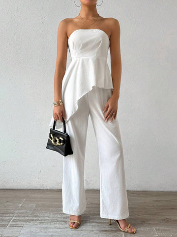Solid Color Tube Top With Gathered Waistline And Straight-Leg Pants