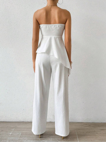 Solid Color Tube Top With Gathered Waistline And Straight-Leg Pants