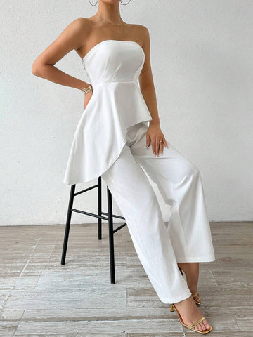 Solid Color Tube Top With Gathered Waistline And Straight-Leg Pants