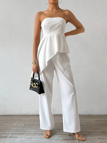 Solid Color Tube Top With Gathered Waistline And Straight-Leg Pants