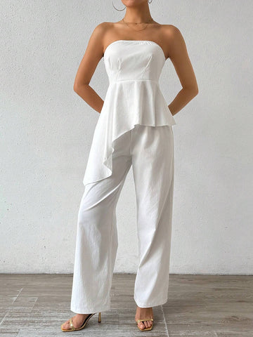 Solid Color Tube Top With Gathered Waistline And Straight-Leg Pants
