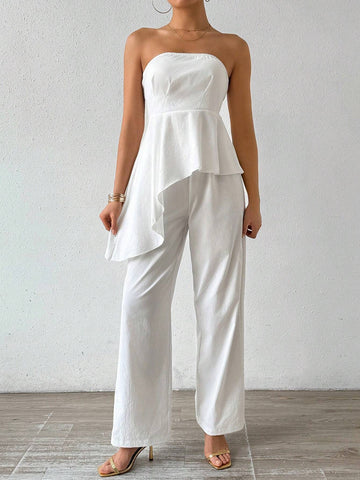 Solid Color Tube Top With Gathered Waistline And Straight-Leg Pants
