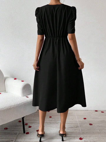 Solid Color V-Neck Elastic Waist Casual Dress