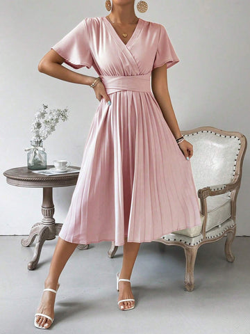 Solid Color V-Neck Pleated Waist & Ruffled Sleeves A-Line Dress