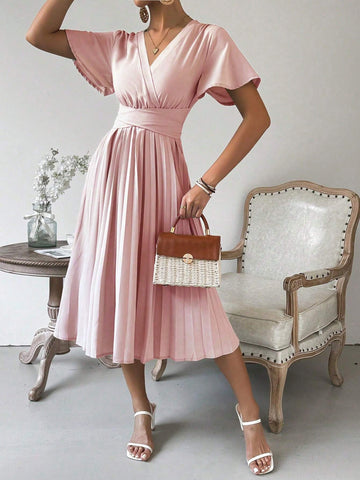 Solid Color V-Neck Pleated Waist & Ruffled Sleeves A-Line Dress
