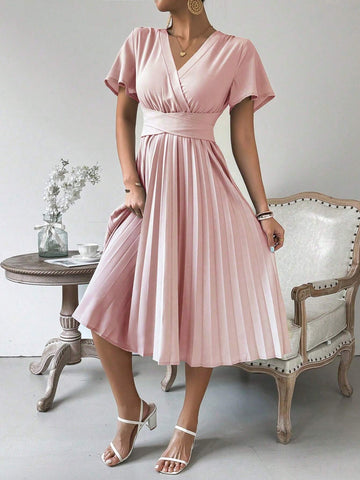 Solid Color V-Neck Pleated Waist & Ruffled Sleeves A-Line Dress