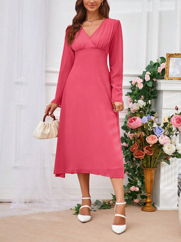 Solid Color V-Neck Waist-Hugging Long Sleeve Dress