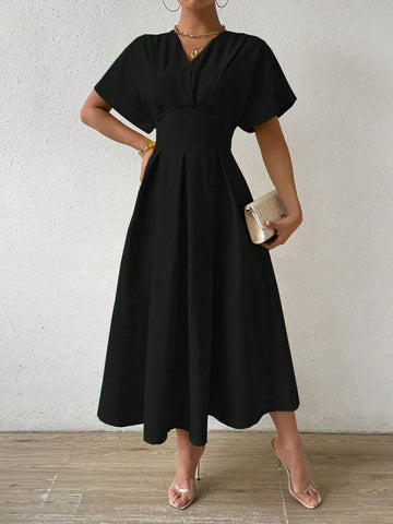 Solid Color V-Neck Waist Belted Casual Dress