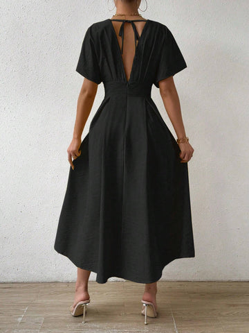 Solid Color V-Neck Waist Belted Casual Dress