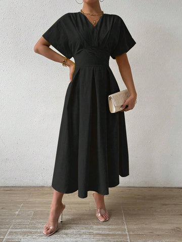 Solid Color V-Neck Waist Belted Casual Dress