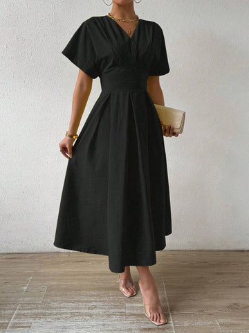 Solid Color V-Neck Waist Belted Casual Dress