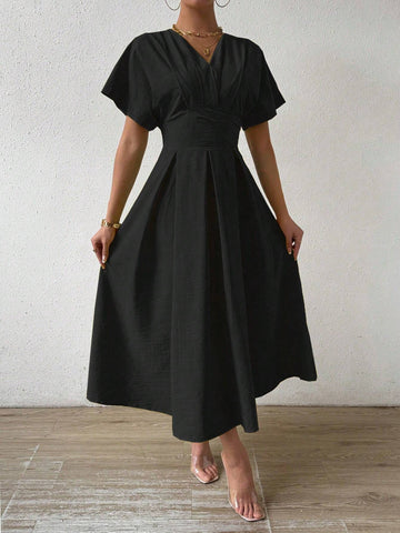 Solid Color V-Neck Waist Belted Casual Dress