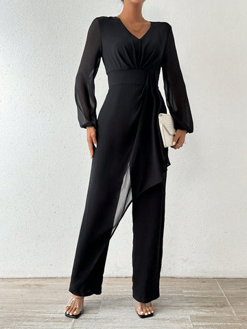Solid Color V-neck Mesh Patchwork Jumpsuit