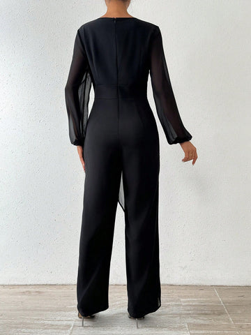 Solid Color V-neck Mesh Patchwork Jumpsuit